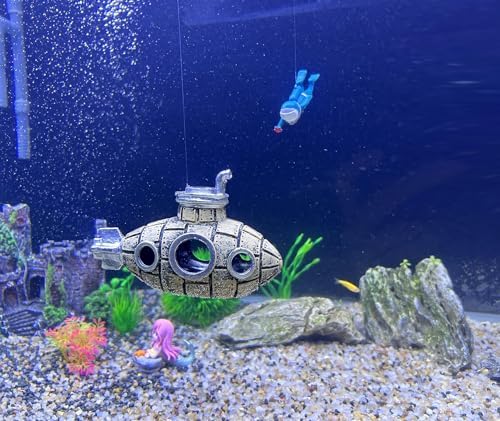 Floating Retro Submarine, Fish Tank Decoration for Aquarium, Brown