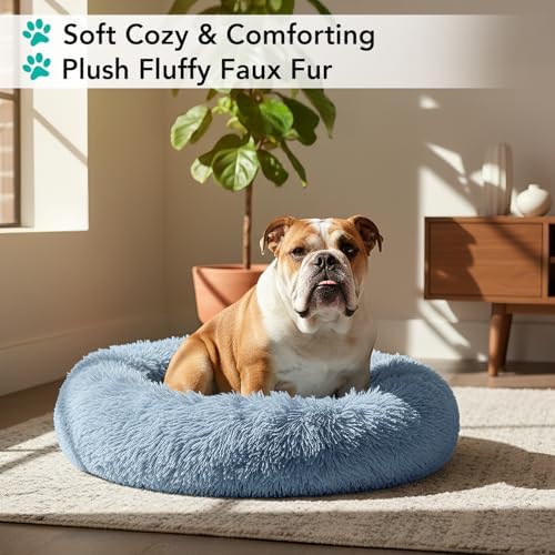 PetAmi Calming Donut Dog Bed, Washable Faux Fur, 30 Inch Medium, Blue