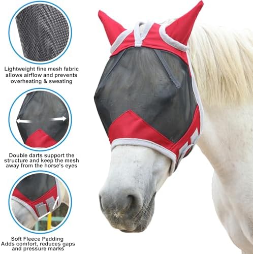 Horse Fly Mask with Ears, Breathable Fine Mesh Red Pony