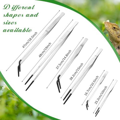 Lasnten 2 Pcs Extra Long Stainless Steel Reptile Feeding Tongs with Rubber Tip 15 Inch Bearded Dragon Aquarium Straight and Curved Long Tweezer Terrarium Feeder Tool for Tank(Silver)