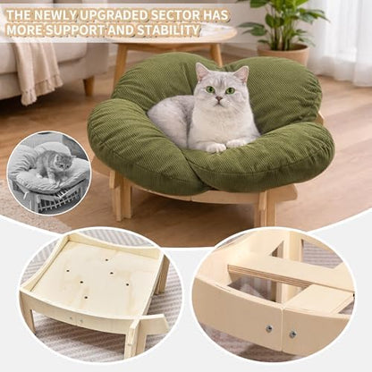Elevated Wooden Cat Bed with Fluffy Removable Cushion, Modern Petal Shaped Cat Couch Sofa for Indoor Cats Small Dogs 40lbs Capacity Easy to Assemble (Green)