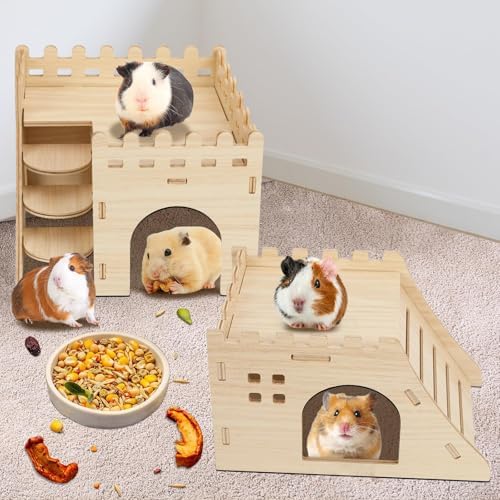 PETKNOWS 2-Pack Hamster House Wooden Castle Mouse Hideouts Bed with Stairs