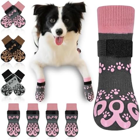 Dog Grippy Socks for Senior Dog - Double Side Paw Covers to Prevent Licking, Paw Protectors for Dogs Hot Pavement, No Twist Dogs Socks for Outside, Dark Grey and Pink, M