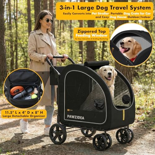 PAWZIDEA 3-in-1 Large Dog Stroller with Detachable Carrier, 45% Extra Tall