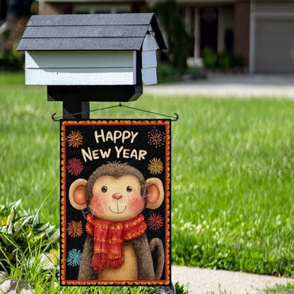 Happy New Year Garden Flag 12x18 Double Sided Vertical Linen Small Fireworks Monkey House Flag Welcome Holiday Winter House Outdoor Outside Decorations (27182)