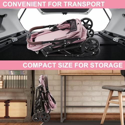 Dog Stroller with No-Zip Buckle Canopy, fits 2 Small Cats or 1 Medium pet,44 lbs Capacity One-Hand Fold,Lockable Front Wheels, Rear Brake