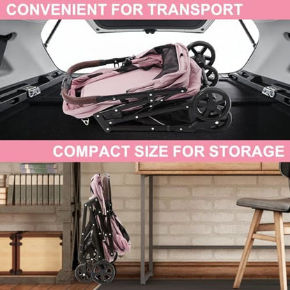 Dog Stroller with No-Zip Buckle Canopy, fits 2 Small Cats or 1 Medium pet,44 lbs Capacity One-Hand Fold,Lockable Front Wheels, Rear Brake
