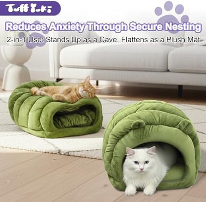 Cat Cave Bed, Orthopedic Memory Foam Anti Anxiety Cat Bed for Indoor Cats, Cozy Plush Caterpillar Tunnel Cat Bed, Non Slip Pet Bed Fits Cats Up to 15 lbs, Green
