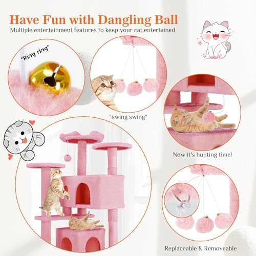 Sweetcrispy 54-Inch Cat Tree Tower – Multi-Level with Sisal Scratching Post, Perfect Pet Gift, Indoor Condo with Climbing Ladder, Plush Toy, and More Animal Stuff, Pink