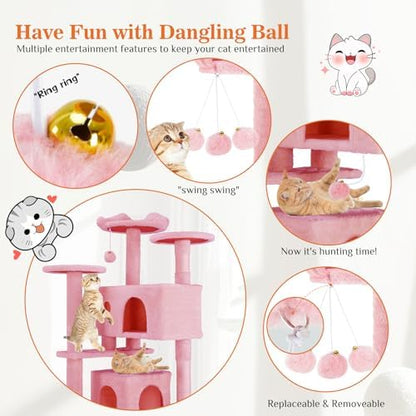 Sweetcrispy 54-Inch Cat Tree Tower – Multi-Level with Sisal Scratching Post, Perfect Pet Gift, Indoor Condo with Climbing Ladder, Plush Toy, and More Animal Stuff, Pink