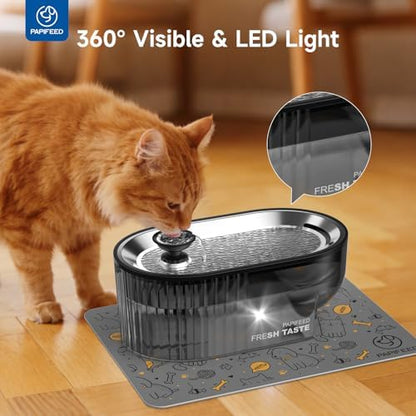 PAPIFEED Automatic Cat Feeder and Water Fountain Stainless Steel, Auto Cat Food & Water Dispenser, Quiet Pet Drinking Fountain with LED, Timed Cat Feeder with App, 10 Meals/Day, Smart Cat Feeder Set