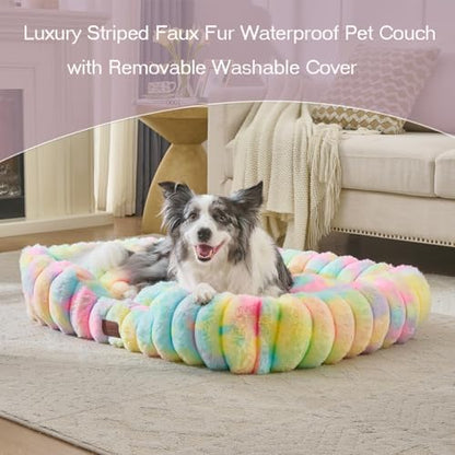 Luxury Dog Beds,Large Sized Dog Washable Furry Pet Beds,Comfort Rectangle Pet Sofa Couch with Ultra,Puppy Beds with Removable Zipper Cover,30x25x7.5inches,Rainbow