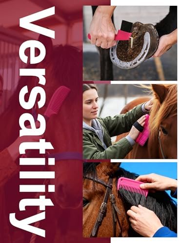 Horse Grooming Kit, Pink Storage Bag with 10 Piece Professional Equestrian Care Tools, Brushes, Combs, Scraper and Gloves (Pink)