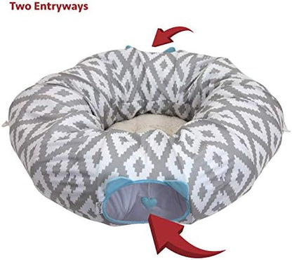Kitty City Large Cat Tunnel Bed, 2-in-1 Zip-Together Cat Play Tunnel & Plush Nap Bed, Pop-Up Indoor Cat Toy with Hanging Toys, Collapsible Design - White