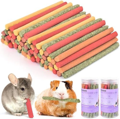 ERKOON 80Pcs Rabbit Timothy Hay Sticks, Five Flavors：PurplePotato/TimothyHay/Pumpkin/Strawberry/Carrot，Suitable Guinea Pig, Hamste, Gerbil, Chinchilla Treats, Chew Toys for Teeth for Bunnies