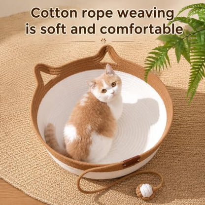 Natural Rope Cat Basket, Handmade Cotton Cat Bed with Ball, Large