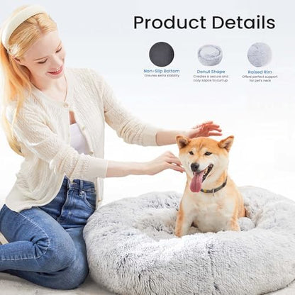 NEWBULIG 37.4x37.4 Inch Dog Couch Bed, Round Shape Large Sized Donut Beds for Indoor Dogs and Cats with Removable Cover, Anti-Slip, Cozy Fluffy Sofa, Grey