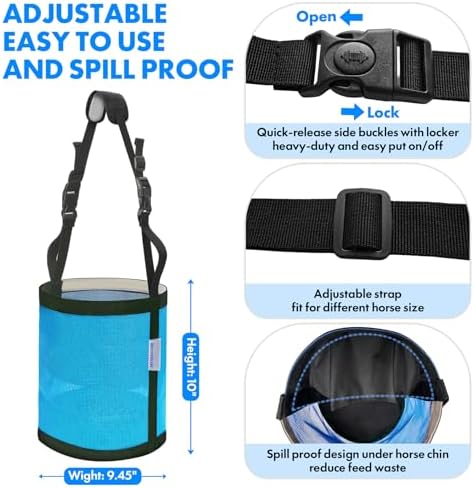 Horse Feed Bag Pack of 2 (Reinforced Bottom Edging), Feed Bags for Horses with Ventilation Mesh, Comfort Nose Pad Neck Pad, Adjustable Strap, Spill Proof Design for Feeding Grain, Supplements