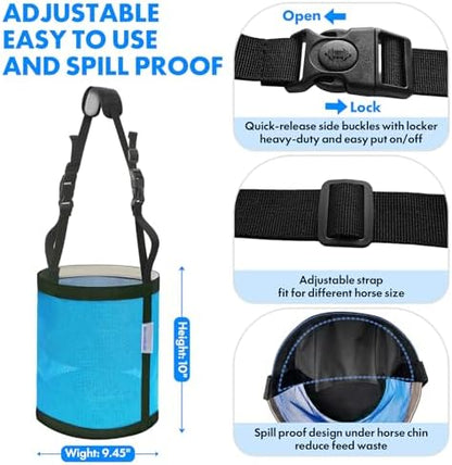 Horse Feed Bag Pack of 2 (Reinforced Bottom Edging), Feed Bags for Horses with Ventilation Mesh, Comfort Nose Pad Neck Pad, Adjustable Strap, Spill Proof Design for Feeding Grain, Supplements