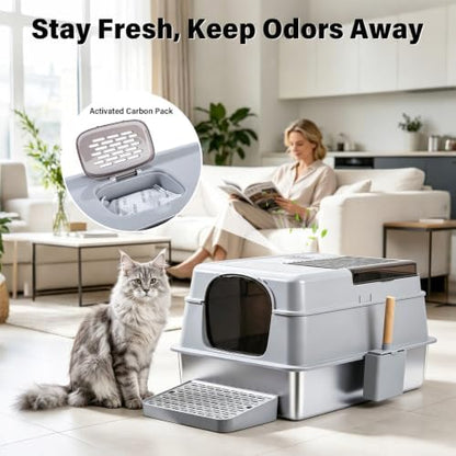 Stainless Steel Litter Box, XXXL Metal Litter Box with Lid