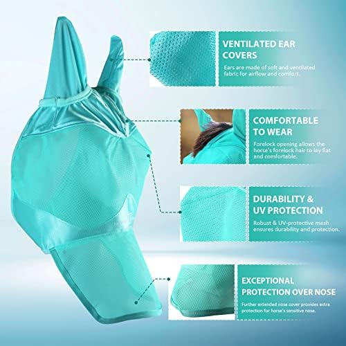 Harrison Howard UV-proof Forelock Opening Reliable Protection Horse Fly Mask Long Nose with Ears Mint Horse Large