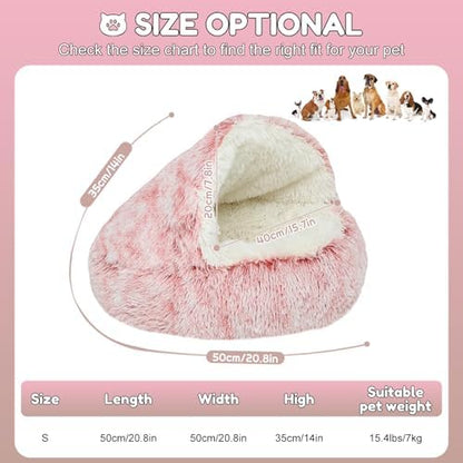 SUOXU Anti-Anxiety Cat Bed, Plush Hooded Cave, 20 in Diameter, Suitable for Small to Medium Pets, Pink