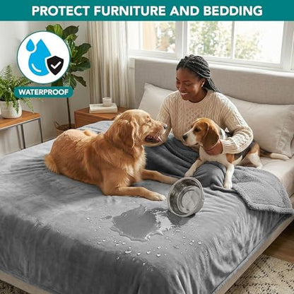 PetAmi Waterproof Dog Blanket for Large Dog Pet, 90x90 Queen, Light Grey