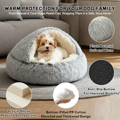 YUDANSI Calming Small Dog Bed & Indoor Cat Bed - Plush Fluffy Hooded Cave Nest, Anti-Slip Self-Warming, Washable Built-in No-Collapsing Support (Grey-65cm/26in)