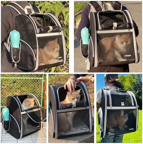 Cat Backpack Carrier for Small Dogs and Medium cat Puppy Kitten Bunny Pet Carrier Backpack Collapsible with Fully Ventilated Mesh with Safety Leash (Black, 12.9" L x 10.62" W x 15.5" H - M)