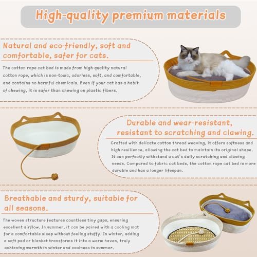 Natural Rope Cat Basket, Cozy Bed with Plush Cushion for Cats