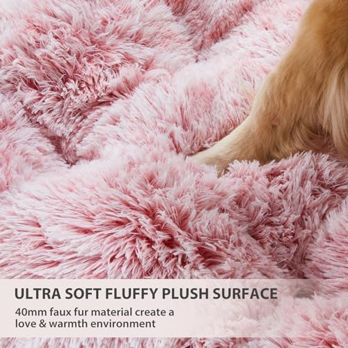 BFPETHOME Dog Beds for Large Dogs, Plush Dog Crate Bed Fluffy Cozy Kennel Pad for Sleeping &Ease Anxiety, Washable Pet Mats with Anti-Slip Bottom for Large Dogs, Pink