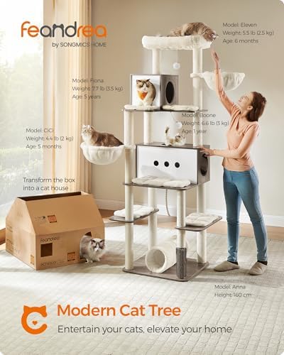 Feandrea Cat Tree, 75.6-Inch Multi-Level Condo with 2 Caves, 2 Hammocks