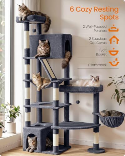 Feandrea Large Cat Tree, 74.1" Tall Sturdy Cat Tower for Indoor, Dark Gray