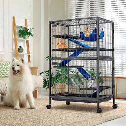 HABUTWAY 50''H Metal Small Animal Cages, Rolling Chinchilla Cage with Removable Ramps, Lagre Cage for Chinchillas/Guinea Pigs/Rabbit, Ferret Cages with Hammock & 5 Tiers, Black