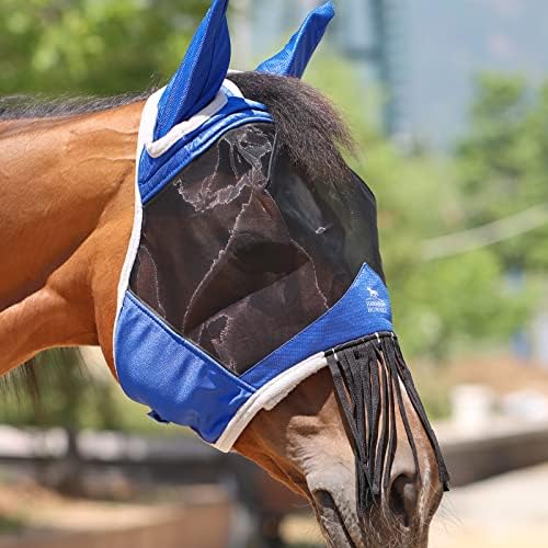 Harrison Howard CareMaster Horse Fly Mask with Ears and Nose Fringe Fly Protector Defender Mask Signature Blue Full Size