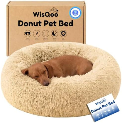 Calming Donut Dog Bed – Faux Fur Anti-Anxiety Pet Bed with Removable Washable Cover & Water-Resistant Liner – Plush Fluffy Round Nest, Non-Slip Bottom for Dogs & Cats – Small, Beige