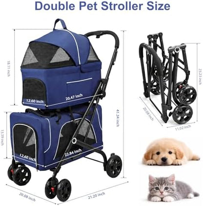 Petmolico Double Pet Stroller with 2 Detachable Carrier Bags, Blue