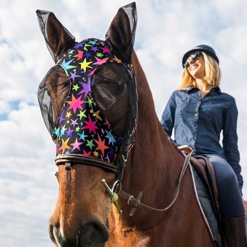Weewooday 2 Pieces Horse Fly Masks for Horses Soft Fly Masks for Ears Smooth and Elasticity Mask with UV Protection(Star,M)