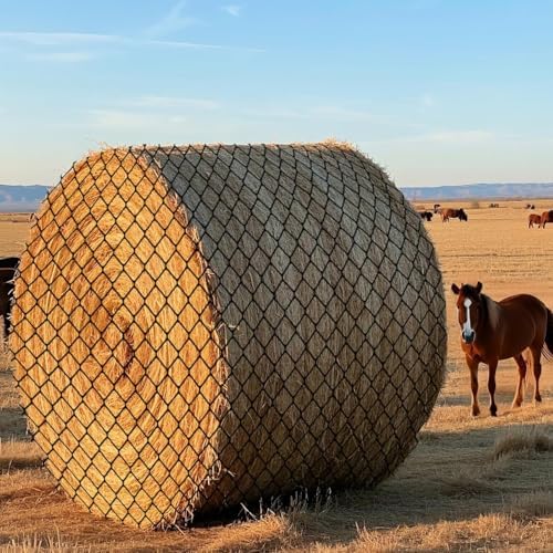 6x6ft Round Bale Hay Net for Horses, Heavy Duty Slow Feed Hay Net with 1.6" Mesh, Black Nylon Hay Feeder for Horses, Cattle, Goats, Includes Free Repair Kit, Reduce Waste
