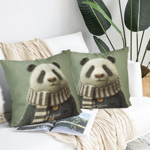 InkRain Winter Animal Cute Panda Pillow Cover 22x22 Inch Set of 2 Home Decor Decorative Cotton Linen Illustration Pillowcases for Living Room House Sofa