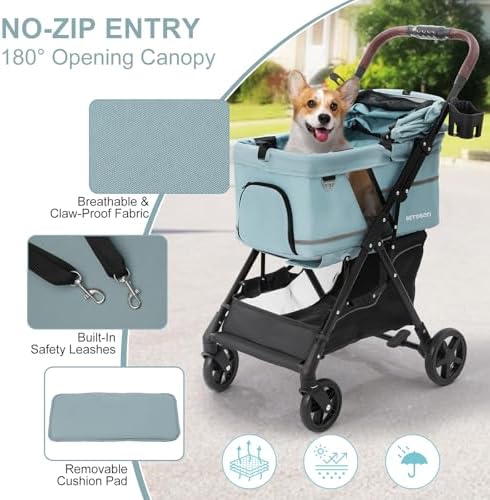 Dog Stroller with No-Zip Buckle Canopy, fits 2 Small Cats or 1 Medium pet,44 lbs Capacity One-Hand Fold,Lockable Front Wheels, Rear Brake