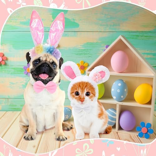 Weewooday 3 Set Dog Bunny Ears Easter Costume, Dog Headband Cat Rabbit Ear Hat Cute Pet Bow Collar Puppy Tail for Pet Easter Party Costume Accessories Supplies(Flower)