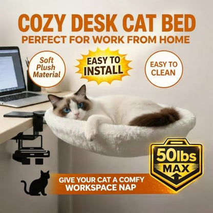 Cat Bed for Desk – Under-Table Cat Hammock with 2 Replacement Beds, Removable Zipper Faux Fur Covers, Easy to Install, Supports Up to 50lbs