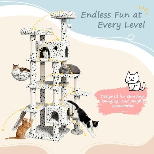 SHA CERLIN 82 inch, Multi-Level Cat Tree Tower for Indoor Cats, Cat Condo with Sisal Scratching Posts, Plush Perches, Hammocks, Toy Balls, White & Black Spot