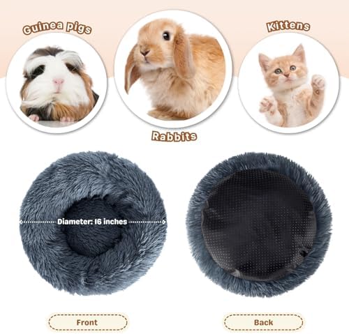 Rabbit Bed, Long Plush Donut Shaped Washable Bunny Hideout Soft Pet Bedding Mat for Guinea Pig, Kitten, Chihuahua & Small Pets for Snuggling Resting - Gray