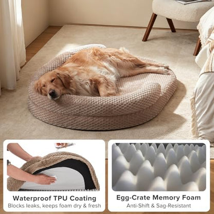 JOEJOY Orthopedic Dog Bed Medium Size Dogs, Waterproof Washable Oval Dog Beds with Removable Cover, Egg-Crate Memory Foam Pet Bed with Bolster Sides & Non-Skid Bottom, Brown, 28''x20''