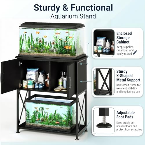 Herture 20-29 Gallon Aquarium Stand Metal Frame Fish Tank Stand with Cabinet Storage, for 20 Gallon Long Aquarium,30.7" L*16.5" W Tabletop,330LBS Capacity Black PG01YGB