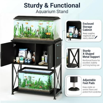 Herture 20-29 Gallon Aquarium Stand Metal Frame Fish Tank Stand with Cabinet Storage, for 20 Gallon Long Aquarium,30.7" L*16.5" W Tabletop,330LBS Capacity Black PG01YGB