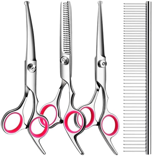TINMARDA Dog Grooming Kit, Professional Stainless Steel Dog Grooming Scissors with Curved Shears, Pink Finger Rings - 4 Piece Sharp Durable Pet Shears for Dogs Cats At Home Salon-Quality Grooming