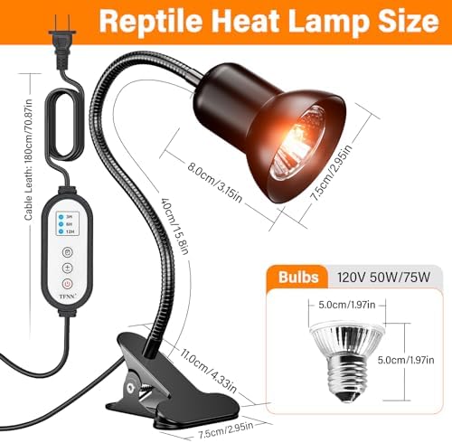 TFNN Reptile Heat Lamp, Heat Lamp with Clamp, UVA UVB Reptile Light with Intelligent Cycle Timer for Turtle, Bearded Dragon, Lizard and More, 2 Bulbs 50W+75W